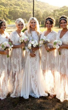 Elegante, Angeschnittene Ärmel Durchsichtige Spitze Mit V-ausschnitt Lange Brautjungfernkleider BEQ33922