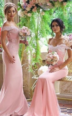 Schulterfreie Spitzenapplikationen Elegante Rosa Meerjungfrau-brautjungfernkleider BEQ34192