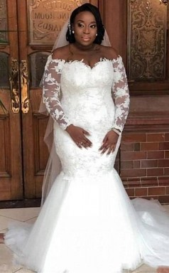 Plus Size Langarm Spitze Applikation Meerjungfrau Brautkleider GBWD004