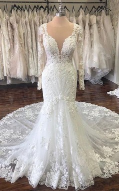 Spitze Lange Ärmel Meerjungfrau Weißen Hofzug Langes Hochzeitskleid GBWD006