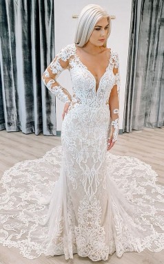 Langärmliges Tiefes V-ausschnitt Spitze Meerjungfrau Brautkleid GBWD009