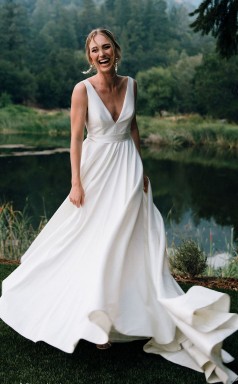 Einfache ärmellose A-linie Steife Brautkleider Mit V-ausschnitt Im Freien Hochzeit GBWD017