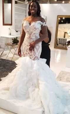 Illusion Langarm Meerjungfrau Plus Größe Spitze Rüschen Gestufte Trompete Brautkleid GBWD032