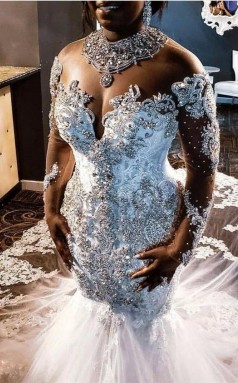 Luxus Kristall Perlen Lange Ärmel Meerjungfrau Afrikanischen Libanon Plus Größe Brautkleider GBWD035