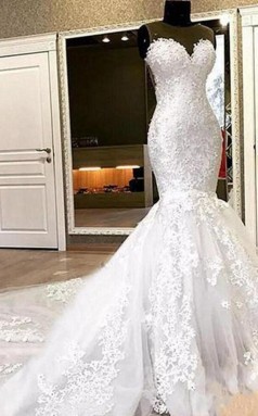 Schatz Plus Größe Körper Umarmt Meerjungfrau Spitze Brautkleid Transparenten Hals GBWD039