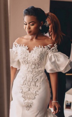 Meerjungfrau Plus Größe Von Der Schulter Langen Zug Charmeuse Applique Brautkleid GBWD040