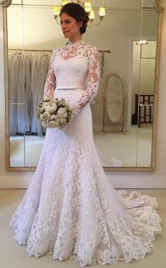 Charmante Lange Ärmel Spitze Meerjungfrau High Neck Dubai Brautkleider Zierliche Bräute GBWD043