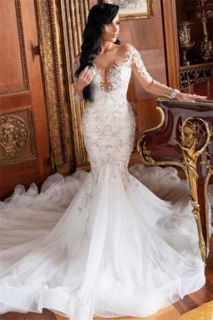 Plus Size Meerjungfrau Perlen Lange Ärmel Sexy Tiefen V-ausschnitt Meerjungfrau Brautkleid GBWD046