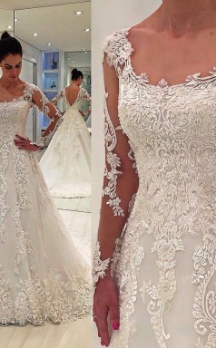 Eine Linie Spitze Applikationen Langarm Brautkleider Liverpool GBWD051