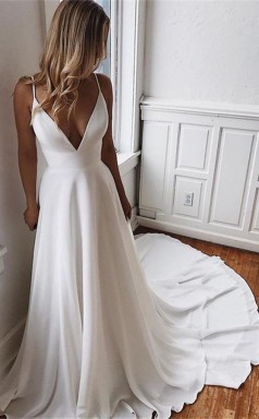 Eine Linie Einfache Weiße V-ausschnitt Lange Boho Kleid Sommer Hochzeitskleid GBWD055