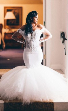 Elfenbein Plus Größe Spitze Tauchen Schulterfreie Trompete Langarm Brautkleid GBWD057