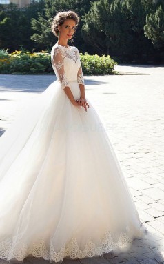 Bescheidene Langarm Tüll Land Spitze Brautkleider Garten Hochzeit GBWD067