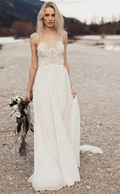 Eine Linie Boho Beach Chiffon Fließende Spaghettiträger Hochzeitskleid Liverpool GBWD087