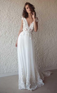 Weißes V-ausschnitt Boho Fließend 3d Spitze Applikationen Sommer Strand Hochzeitskleid GBWD092