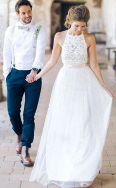 Eine Linie Spitze Boho Halfter Strand Sommer Böhmischen Hochzeitskleid GBWD097