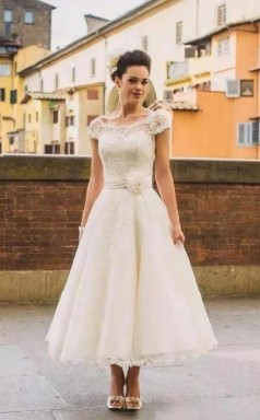 Land Kurze Ärmel 50er Jahre Spitze Tee Länge Rockabilly Brautkleid Mit Handgemachten Blumen GBWD123