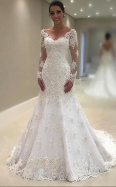 V-ausschnitt Spitze Meerjungfrau Brautkleid Lange Ärmel Für Standesamtliche Trauung GBWD131