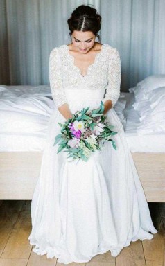 Land Vintage Spitze 3/4 Lange Spitze Ärmel Hochzeitskleid Garten Hochzeit GBWD135