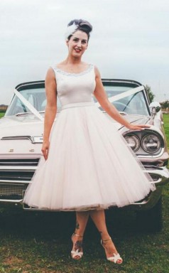 Übergröße Tee Länge Vintage Scheune 1960er Jahre Brautkleid Für ältere Braut GBWD136
