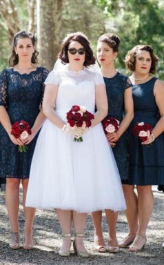 Übergröße Vollere Figur High Neck Tee Länge 1950er Jahre Spitze Brautkleid GBWD145