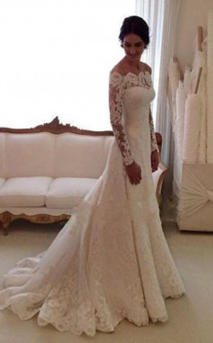 Schulterfreies Langärmliges Sweep Train Lace Brautkleid GBWD149