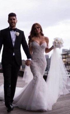 Luxus Meerjungfrau Schatz Von Der Schulter Spitze Brautkleid GBWD154