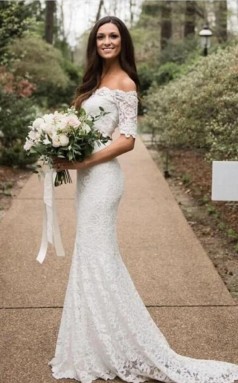 Meerjungfrau Halbarm Spitze Von Der Schulter Zweiteiliges Hochzeitskleid Kurvige Bräute GBWD155