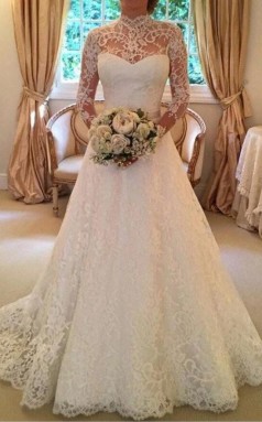 Klassisches A Line Hochgeschlossenes Langärmliges Und Offenes Rückenhochzeitskleid GBWD156