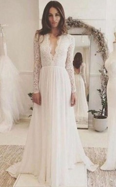 Tiefe V-ausschnitt Lange Spitze Ärmel A-linie Strand Empfang Brautkleid GBWD157