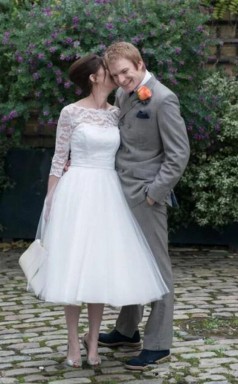 Eine Schulter 3/4 Ärmel Spitze Tee Länge 50er Jahre Stil Brautkleid 2. Ehe GBWD166