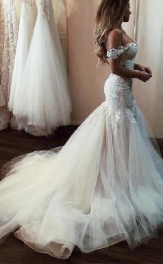 Luxus Atemberaubende Spitze Meerjungfrau Sexy Schulterfrei Hochzeitskleid Kurvige Bräute GBWD173