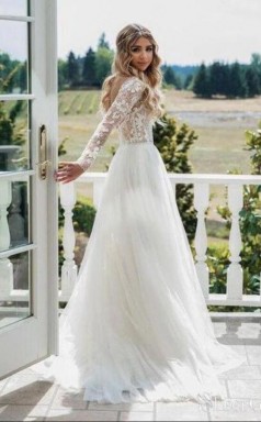Flowy Eine Linie Langärmelige Romantische Spitze Brautkleid Im Freien Hochzeiten GBWD180