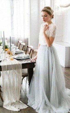 Fließende Rustikale Spitze Kurzärmelige Ernte Top Herbst Sommer Hochzeitskleid Brautjungfer GBWD185