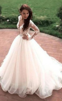 Eine Linie V-ausschnitt Langarm Spitze Promi Brautkleid GBWD199