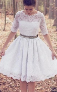 Vintage 1950er Jahre Kurze Knielange Halbe Ärmel Spitze Brautkleid GBWD201