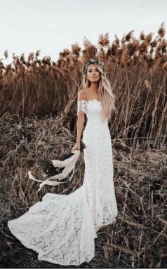 Meerjungfrau Rustikal Von Der Schulter Spitze Brautkleid GBWD213