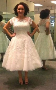 Tee Länge Spitze Kurzarm Vintage Plus Größe 1950er Jahre Brautkleid GBWD215