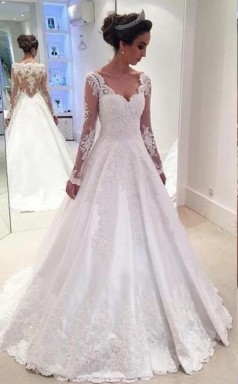 Eine Linie V-ausschnitt Spitze Langarm Brautkleid Zierliche Bräute GBWD217