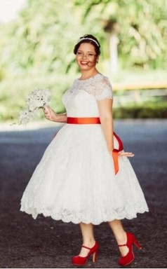 Übergröße Kurzarm Tee Länge Spitze Land 1950er Jahre Brautkleid Voller Figur GBWD219