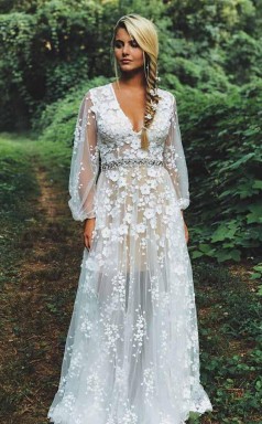 Boho-spitzenapplikation Durchsichtiges Langärmliges Rustikales Hochzeitskleid GBWD224