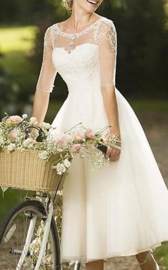 A-linie Knielang Spitze Tüll Halbarm Vintage 1950er Jahre Brautkleid GBWD228