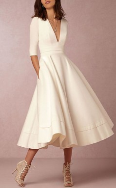 V-ausschnitt Tee Länge Satin Halbe Ärmel Lässig Vintage Kleines Weißes Kleid 1950er Jahre Hochzeitskleid GBWD229