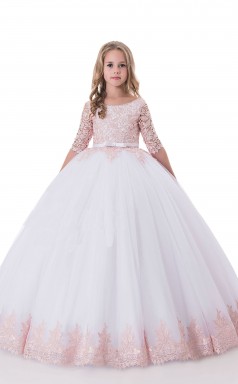 Juwel Halbe Ärmel Erröten Rosa Kinder Ballkleider Chk010