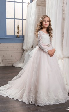 Illusion Langarm Erröten Rosa Kinder Ballkleider Chk014