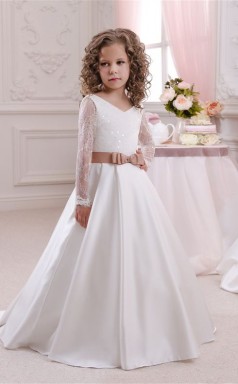 V-ausschnitt Langarm Weiß Kinder Ballkleider Chk048