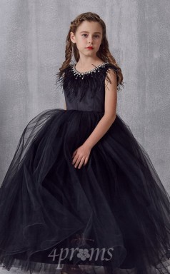 Schwarzes Tülljuwel Kurzarm Bodenlanges Prinzessin-kinderballkleid (FGD301)