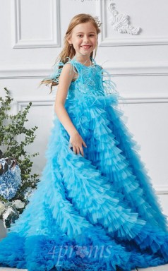 Blaues ärmelloses Bodenlanges A-linien-kinderballkleid Aus Organza-juwel (FGD315)