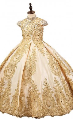 Mädchen Goldene Perlen Blumenmädchenkleider Mit Kurzen Ärmeln GFGD516