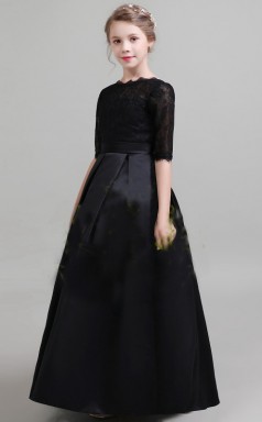 Schwarzes Satin-Spitzenkleid für Junior-Brautjungfern, Blumenmädchenkleid GJFGD001