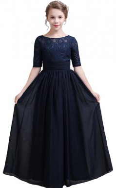 Dunkelblaues Spitzen-Chiffonkleid mit halblangen Ärmeln für Kinder-Brautjungfern, Blumenmädchenkleid GJFGD002
